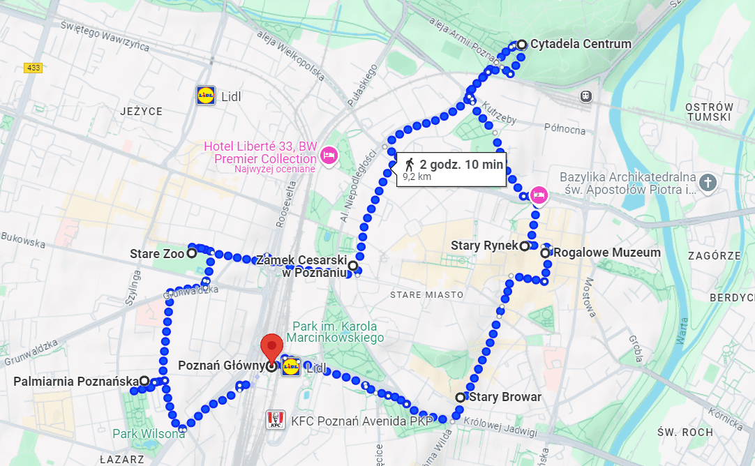 Poznań - trasa zwiedzania mapa z trasą zwiedzania Poznania