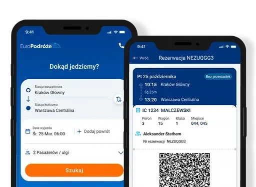Ekrany aplikacji mobilnej EuroPodróże: wyszukiwarka połączeń i widok rezerwacji biletu IC