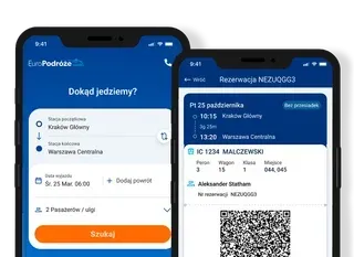 Ekrany aplikacji mobilnej EuroPodróże: wyszukiwarka połączeń i widok rezerwacji biletu IC
