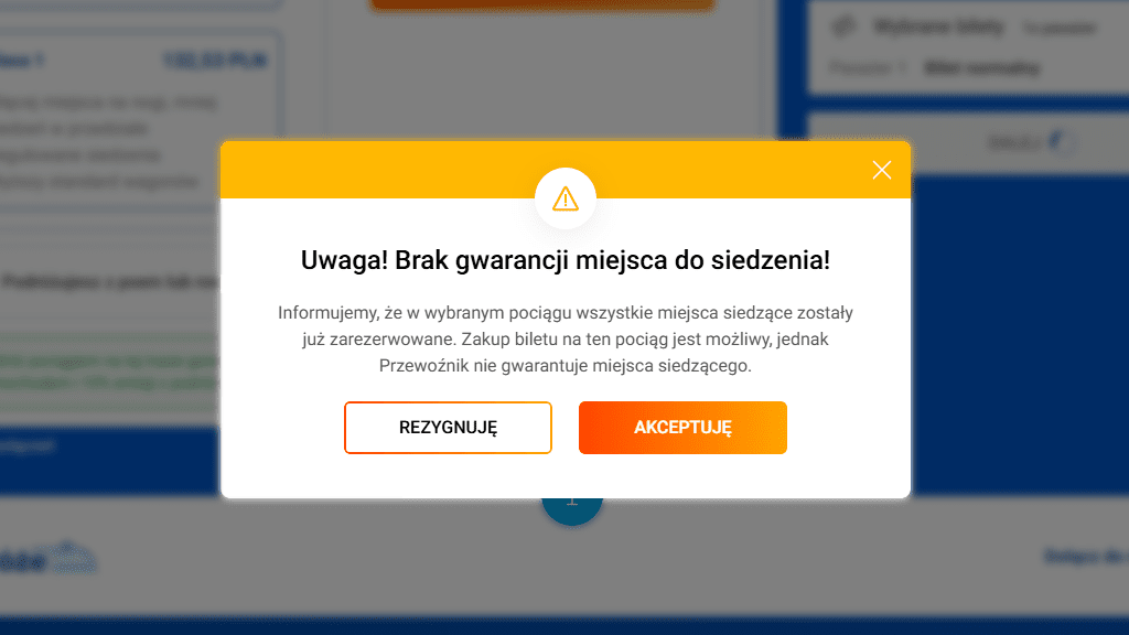 Bilet bez gwaranci miejsca do siedzenia wygląd modułu informującego o braku gwarancji miejsca