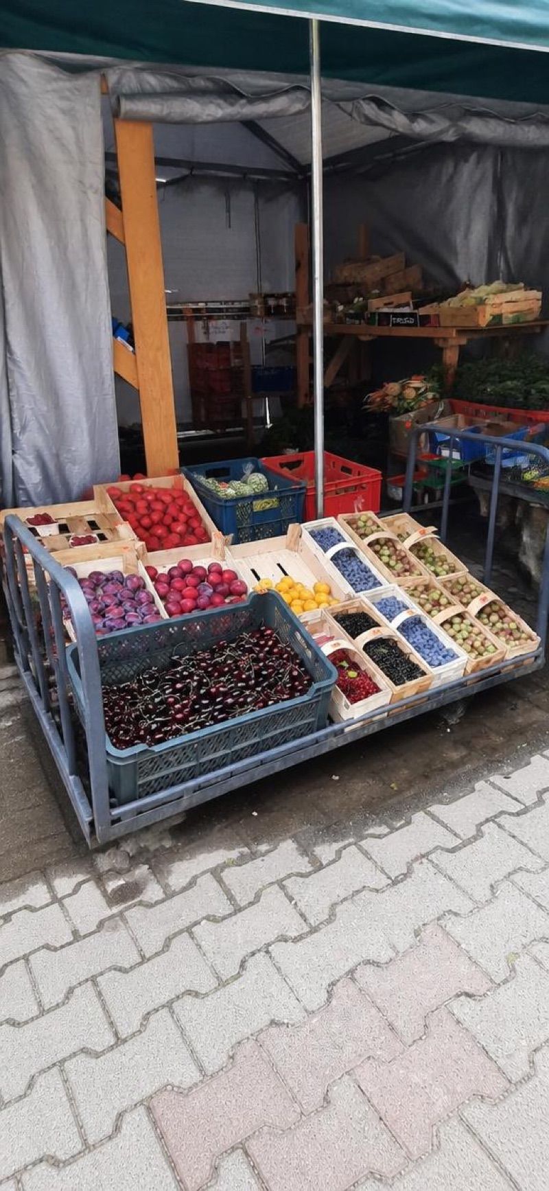 Kiosk z warzywami i owocami, sklep przy dworcu Żmigród